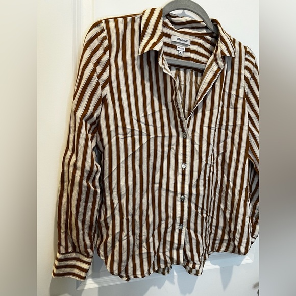 Madewell Women’s Crinkle Button-Up Shirt – Relaxed Fit, Toffee Stripe, Size Medi - Picture 3 of 9